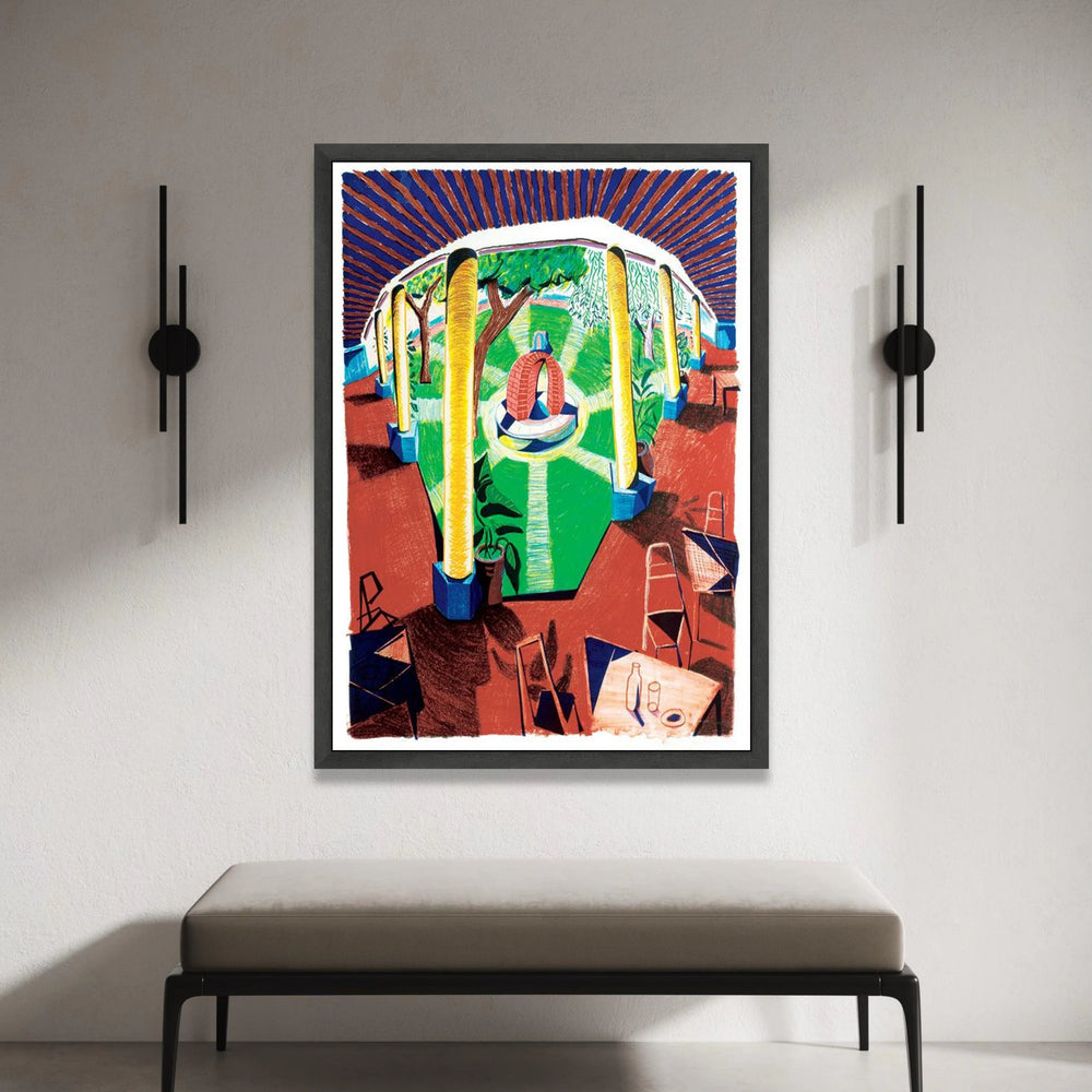 David Hockney Style Courtyard Scene Canvas Wall Art, Vibrant Garden Interior, Modern Artistic Home Decor Canvas Print Art