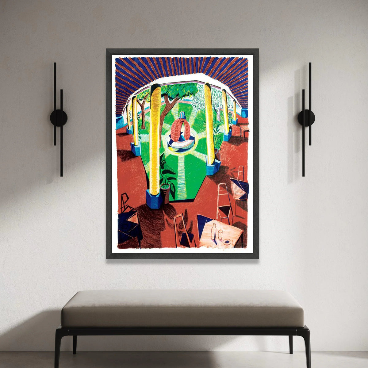 David Hockney Style Courtyard Scene Canvas Wall Art, Vibrant Garden Interior, Modern Artistic Home Decor Canvas Print Art