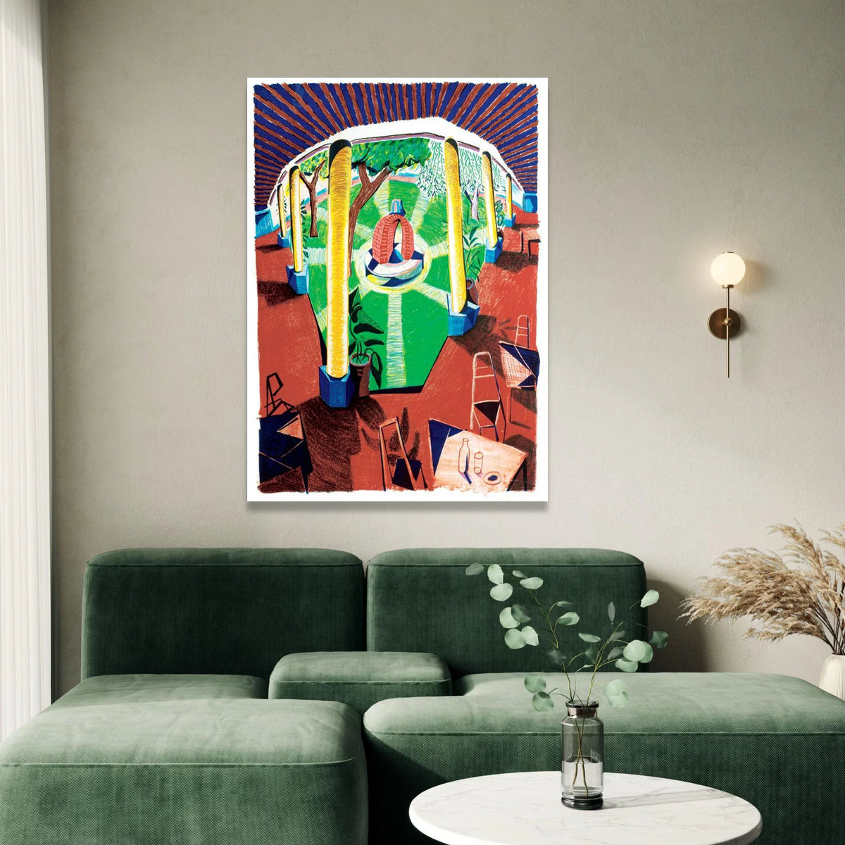 David Hockney Style Courtyard Scene Canvas Wall Art, Vibrant Garden Interior, Modern Artistic Home Decor Canvas Print Art