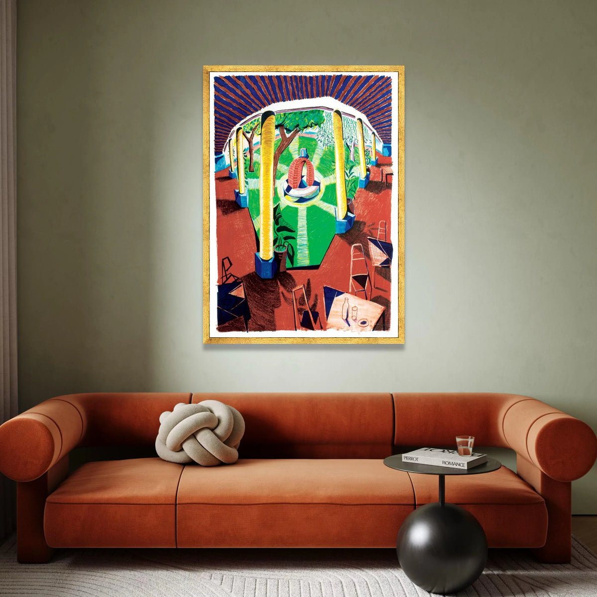 David Hockney Style Courtyard Scene Canvas Wall Art, Vibrant Garden Interior, Modern Artistic Home Decor Canvas Print Art