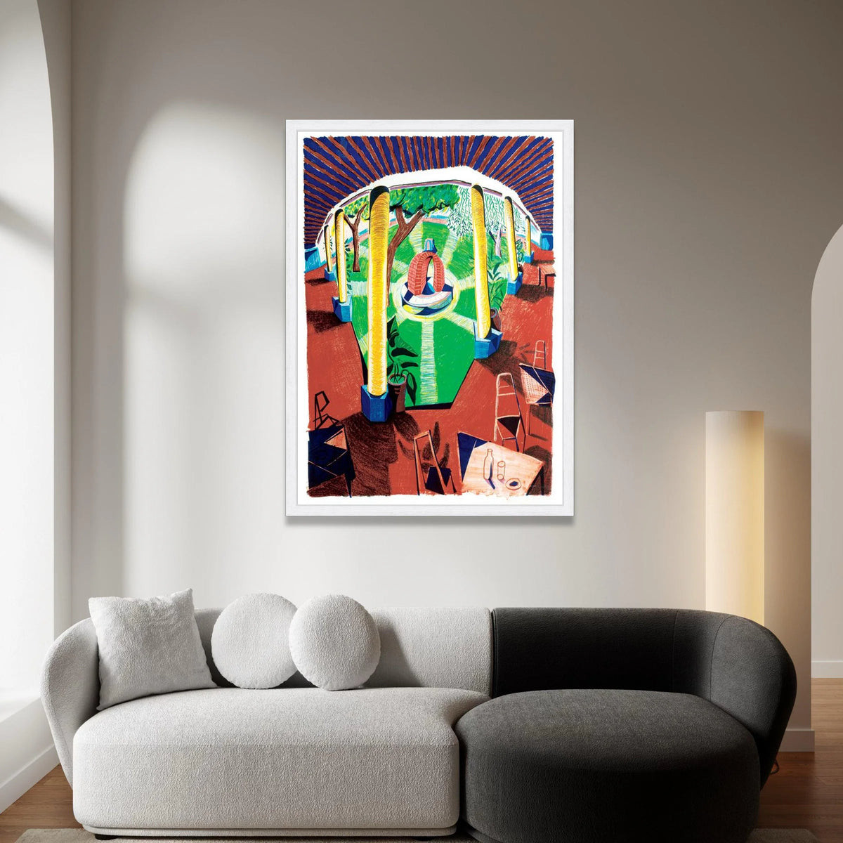 David Hockney Style Courtyard Scene Canvas Wall Art, Vibrant Garden Interior, Modern Artistic Home Decor Canvas Print Art