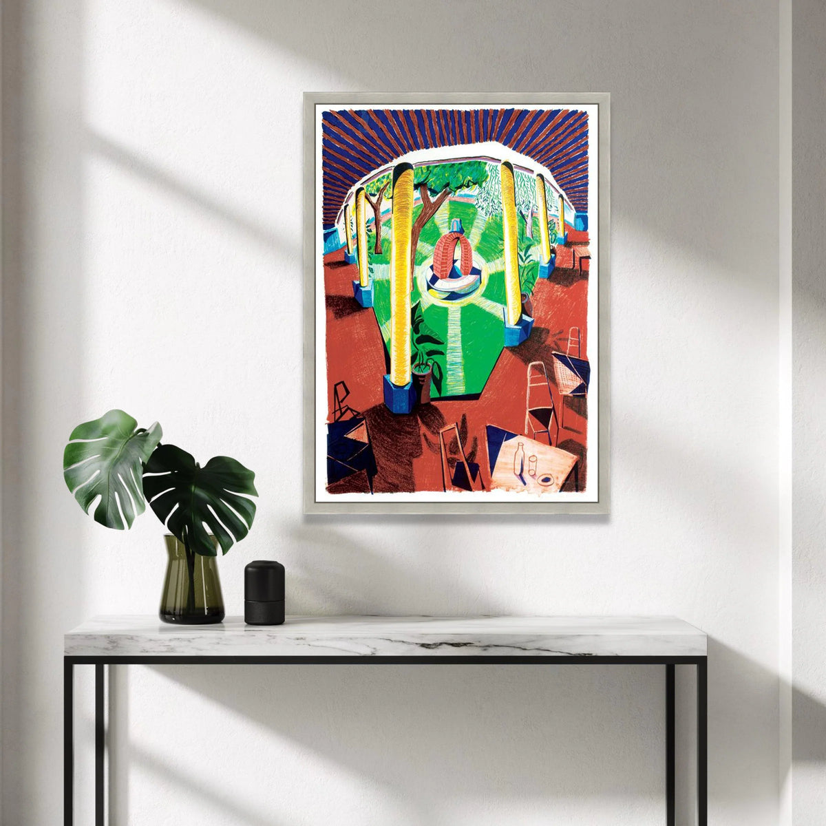 David Hockney Style Courtyard Scene Canvas Wall Art, Vibrant Garden Interior, Modern Artistic Home Decor Canvas Print Art