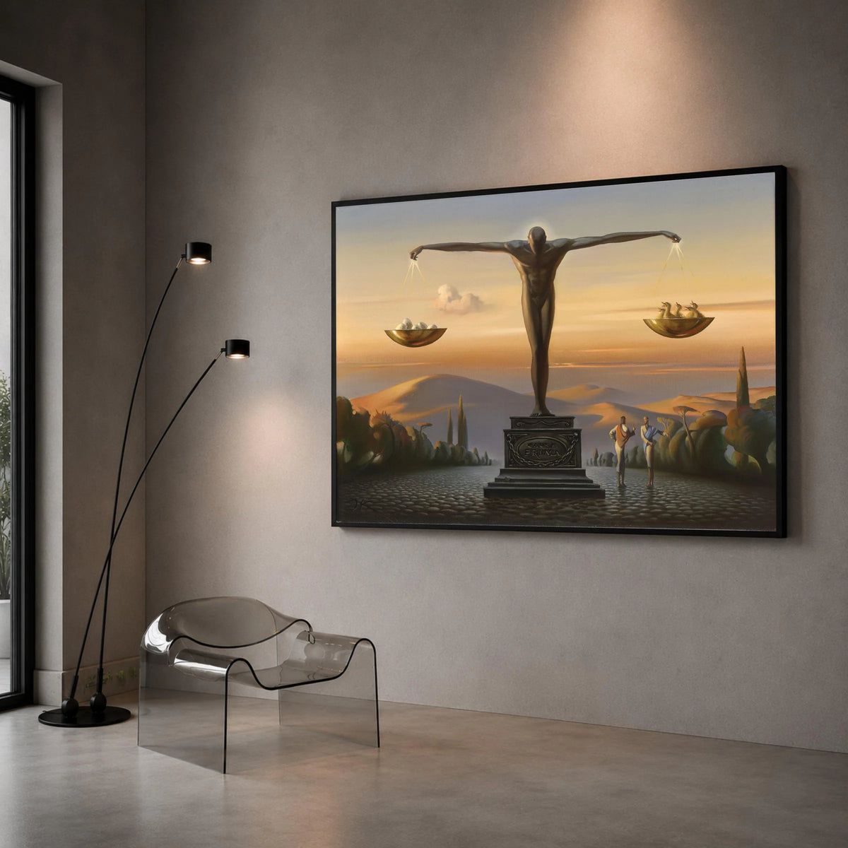 Surreal Justice Sculpture Canvas, Balanced Scales Wall Art, Symbolic Figure Canvas, Conceptual Home Decoration, Evening Canvas Print Art