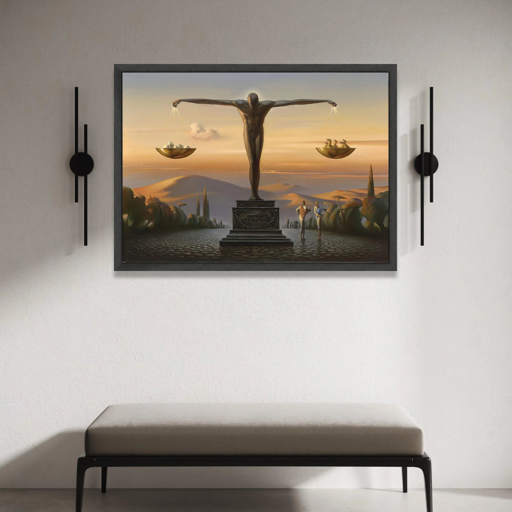 Surreal Justice Sculpture Canvas, Balanced Scales Wall Art, Symbolic Figure Canvas, Conceptual Home Decoration, Evening Canvas Print Art