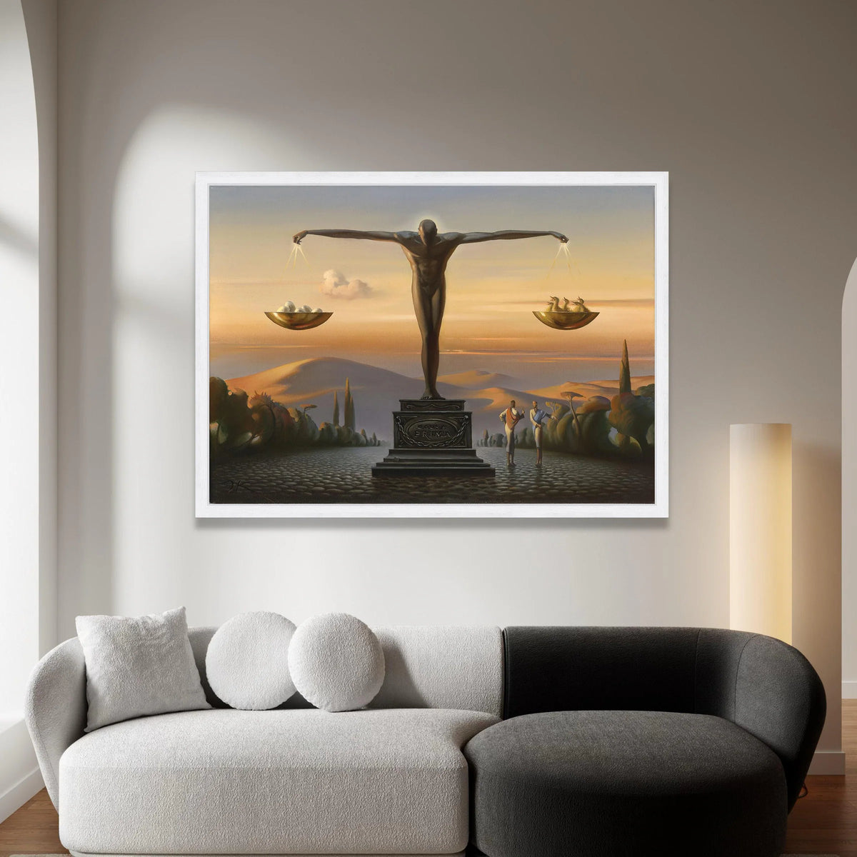 Surreal Justice Sculpture Canvas, Balanced Scales Wall Art, Symbolic Figure Canvas, Conceptual Home Decoration, Evening Canvas Print Art