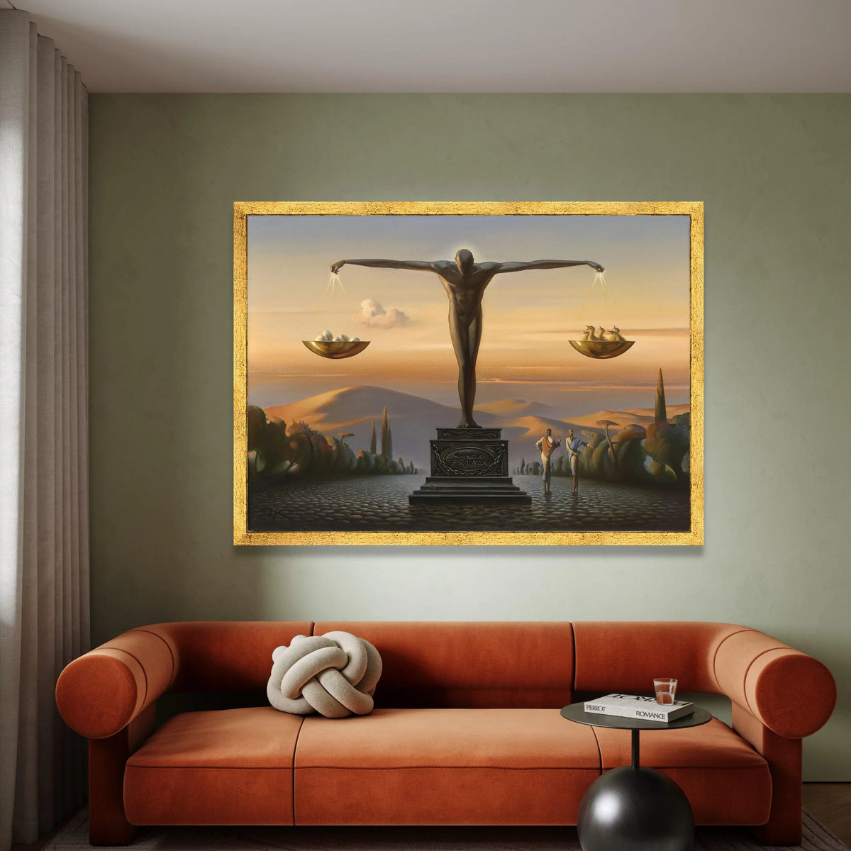Surreal Justice Sculpture Canvas, Balanced Scales Wall Art, Symbolic Figure Canvas, Conceptual Home Decoration, Evening Canvas Print Art