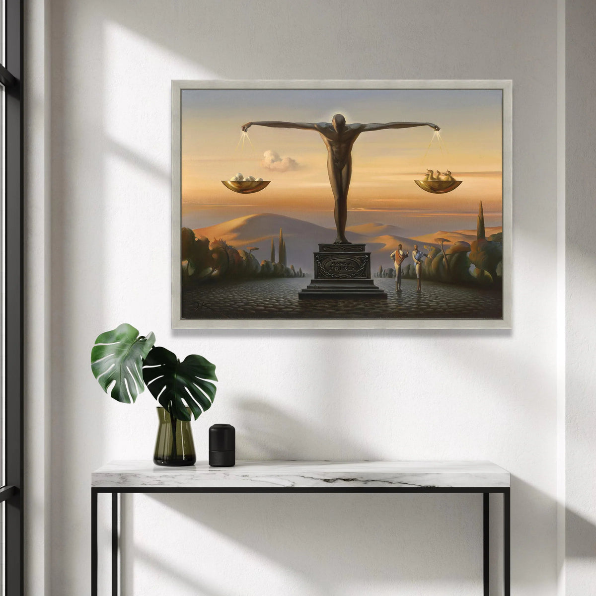 Surreal Justice Sculpture Canvas, Balanced Scales Wall Art, Symbolic Figure Canvas, Conceptual Home Decoration, Evening Canvas Print Art