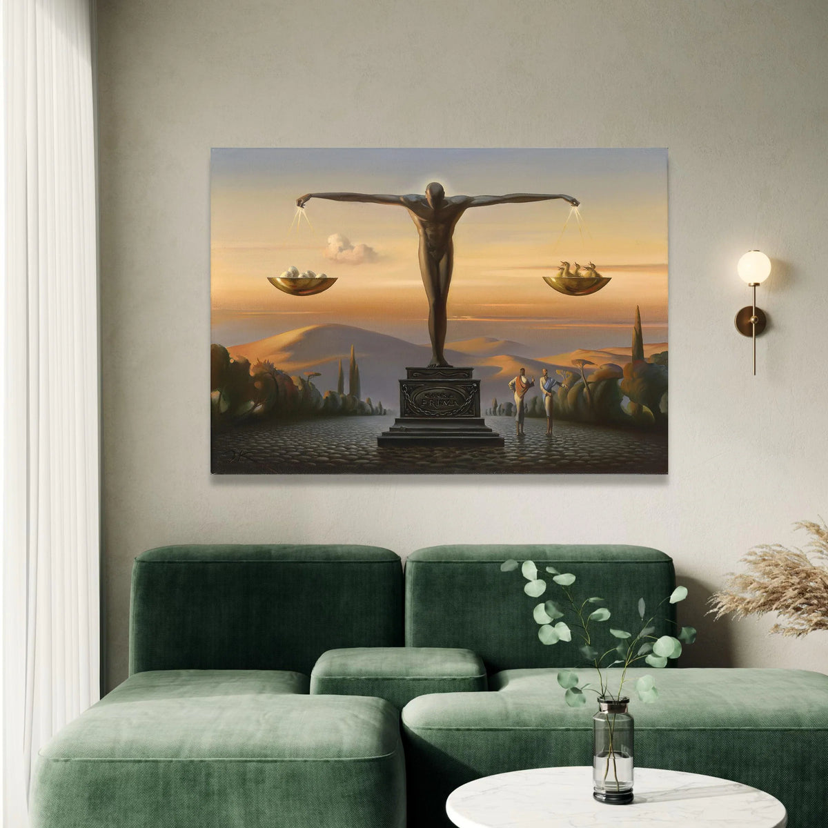 Surreal Justice Sculpture Canvas, Balanced Scales Wall Art, Symbolic Figure Canvas, Conceptual Home Decoration, Evening Canvas Print Art