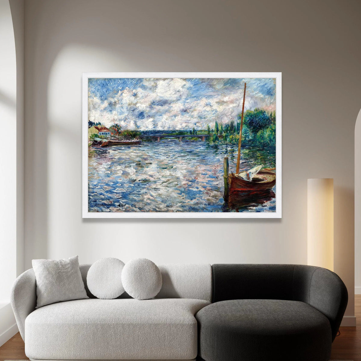 Riverside Scene with Boat and Bridge Canvas, Charming Nature Landscape Wall Art, Impressionist Waterway Painting, Calm Canvas Print Art