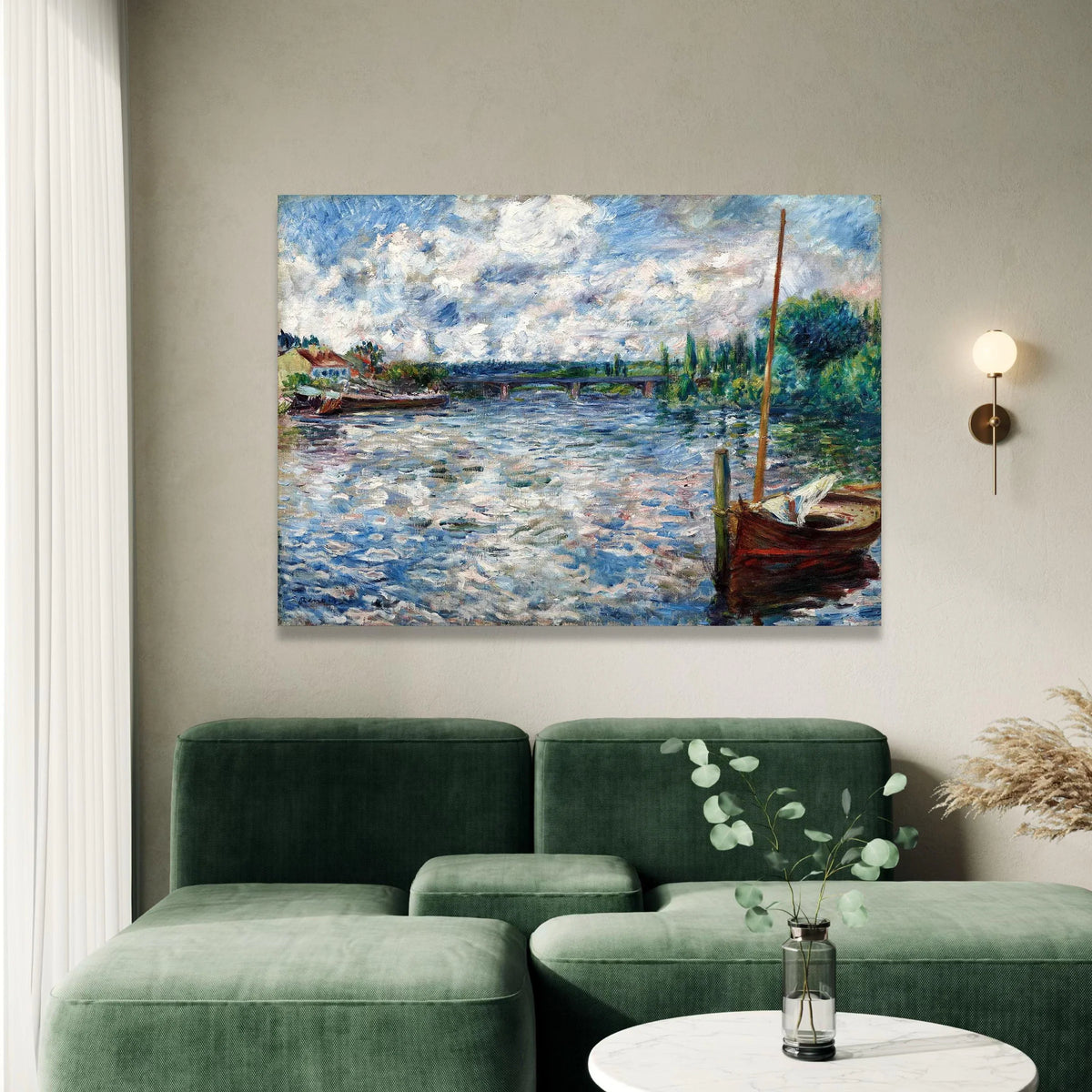Riverside Scene with Boat and Bridge Canvas, Charming Nature Landscape Wall Art, Impressionist Waterway Painting, Calm Canvas Print Art