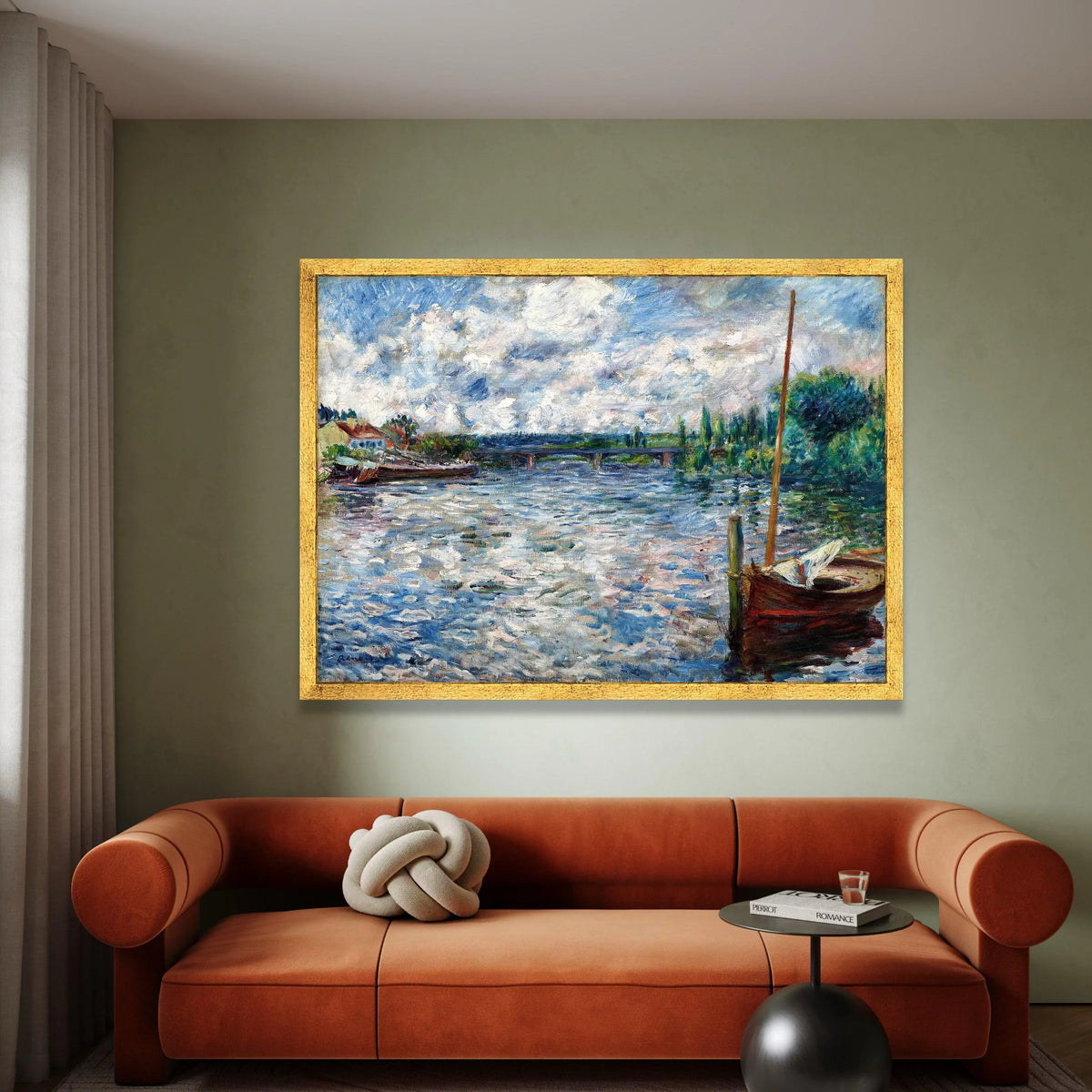 Riverside Scene with Boat and Bridge Canvas, Charming Nature Landscape Wall Art, Impressionist Waterway Painting, Calm Canvas Print Art