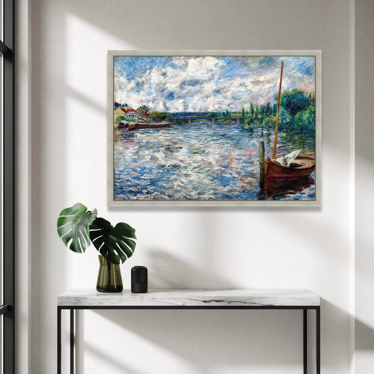 Riverside Scene with Boat and Bridge Canvas, Charming Nature Landscape Wall Art, Impressionist Waterway Painting, Calm Canvas Print Art