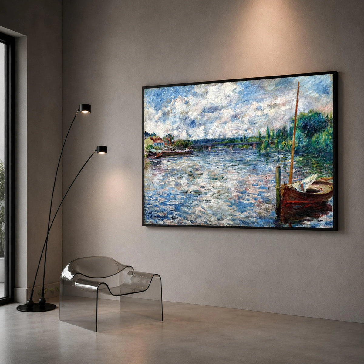 Riverside Scene with Boat and Bridge Canvas, Charming Nature Landscape Wall Art, Impressionist Waterway Painting, Calm Canvas Print Art