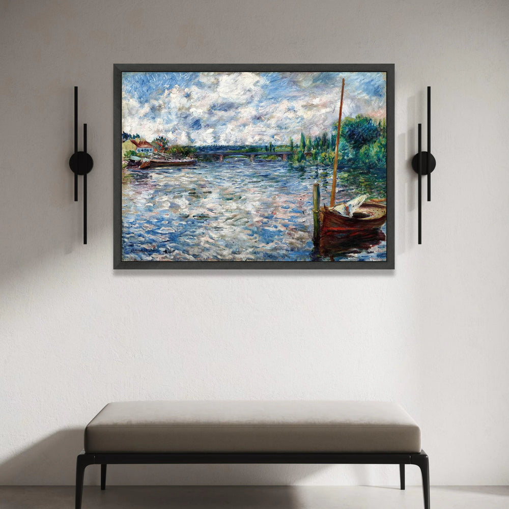 Riverside Scene with Boat and Bridge Canvas, Charming Nature Landscape Wall Art, Impressionist Waterway Painting, Calm Canvas Print Art