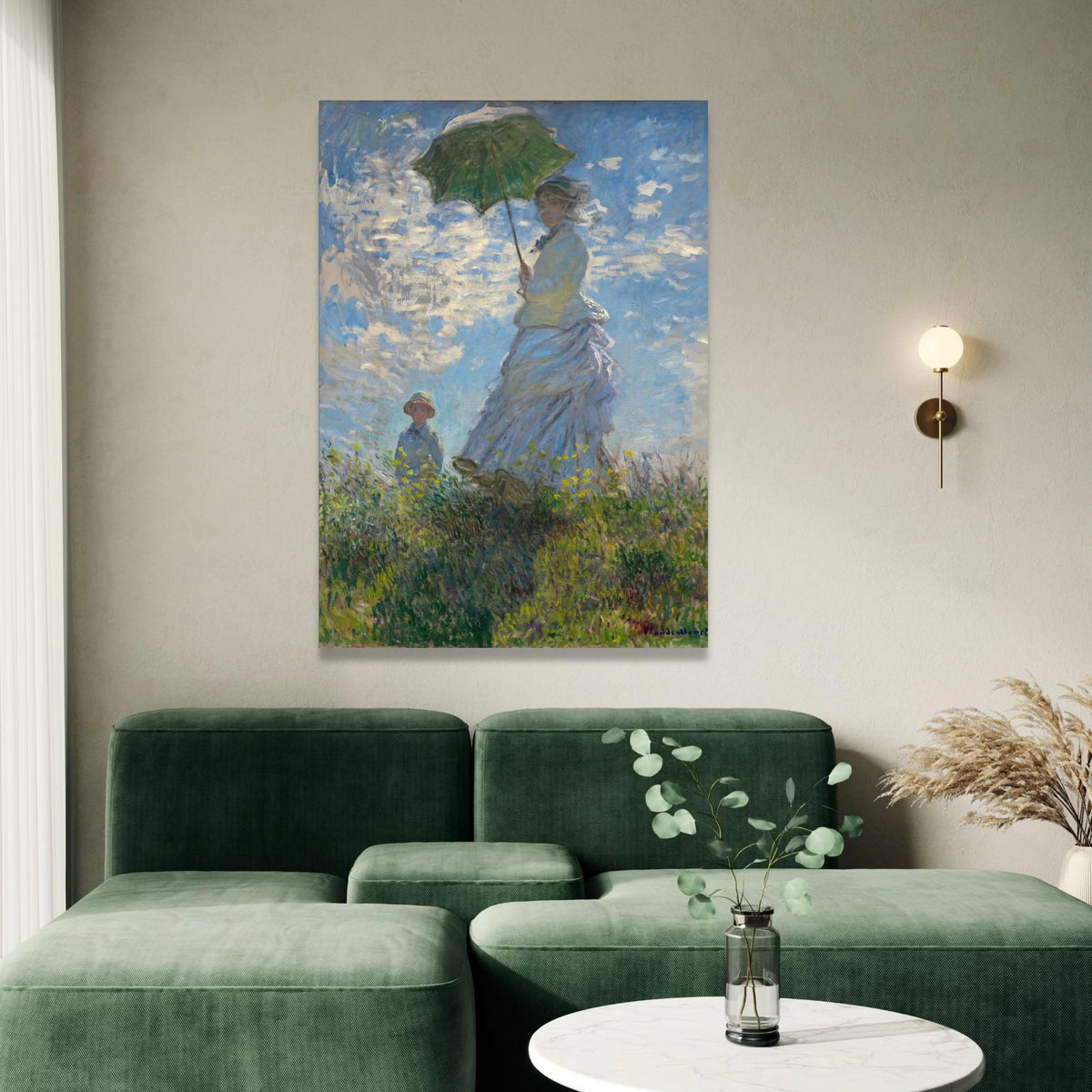 Woman with Green Parasol Canvas, Impressionist Garden Scene, Vintage Floral Wall Art, Mother and Child Outdoors, Summer Canvas Print Art
