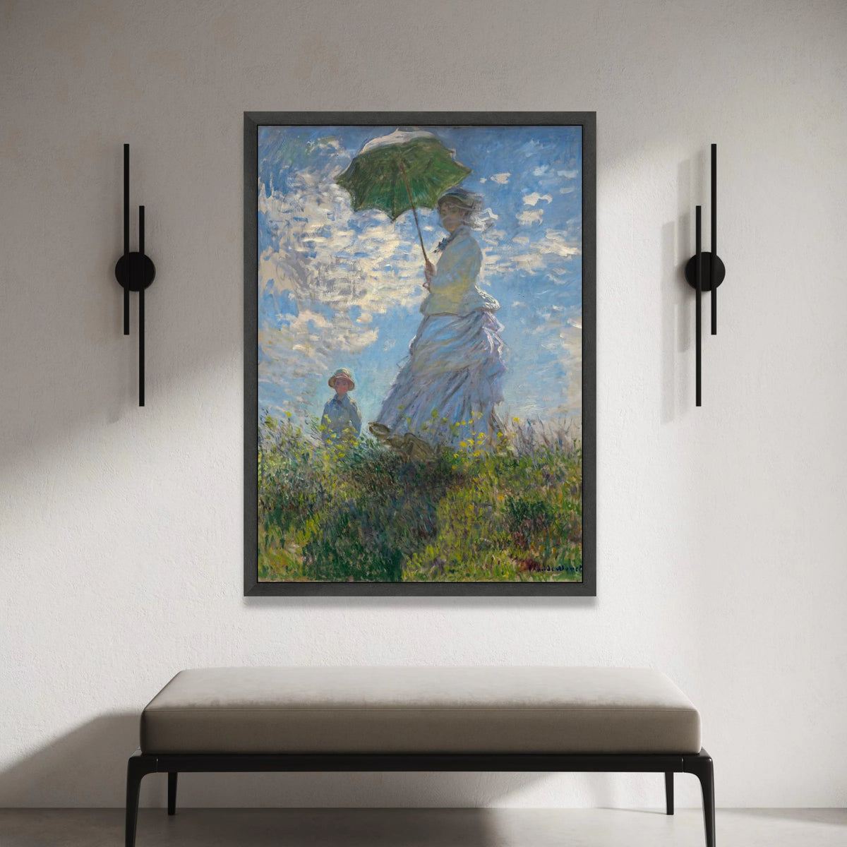 Woman with Green Parasol Canvas, Impressionist Garden Scene, Vintage Floral Wall Art, Mother and Child Outdoors, Summer Canvas Print Art