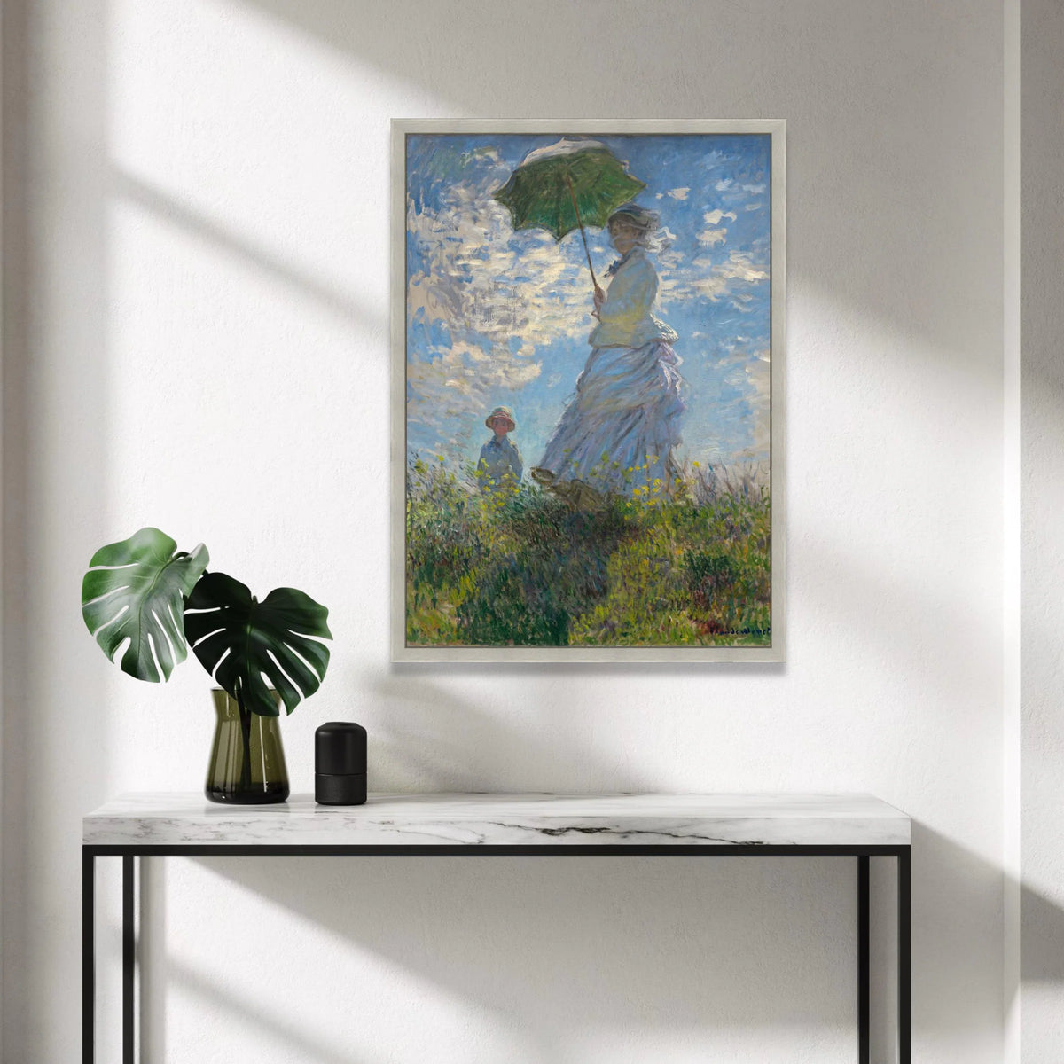 Woman with Green Parasol Canvas, Impressionist Garden Scene, Vintage Floral Wall Art, Mother and Child Outdoors, Summer Canvas Print Art
