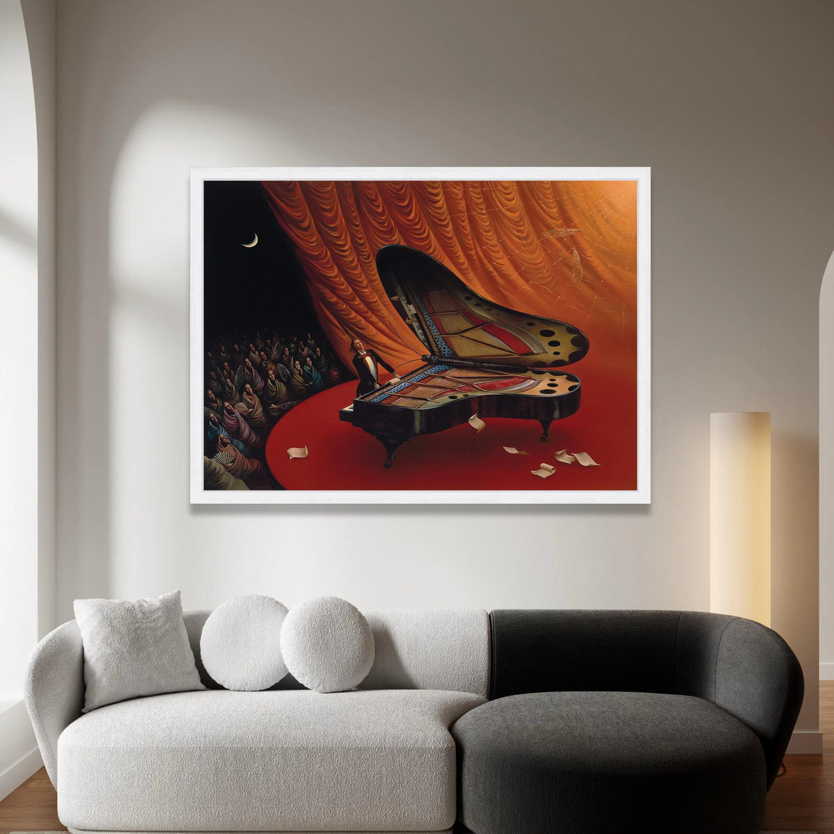 Surreal Butterfly Grand Piano Canvas, Magical Performance Scene, Creative Music Wall Art, Fantasy Theater Display, Artistic Canvas Print Art