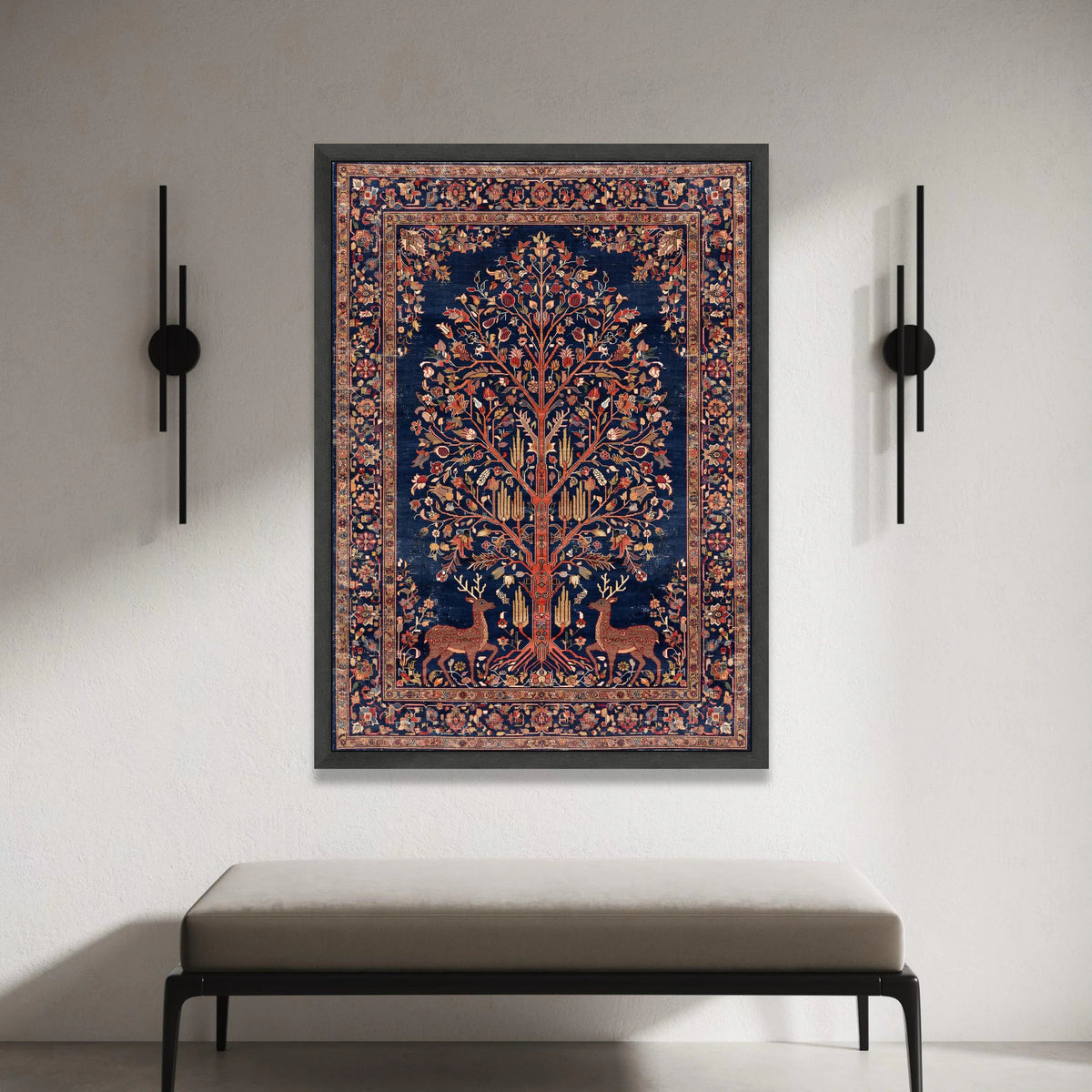 Persian Tree of Life Canvas Wall Art, Traditional Floral Deer Design, Vintage Decorative Canvas, Elegant Home Wall Decor Canvas Print Art