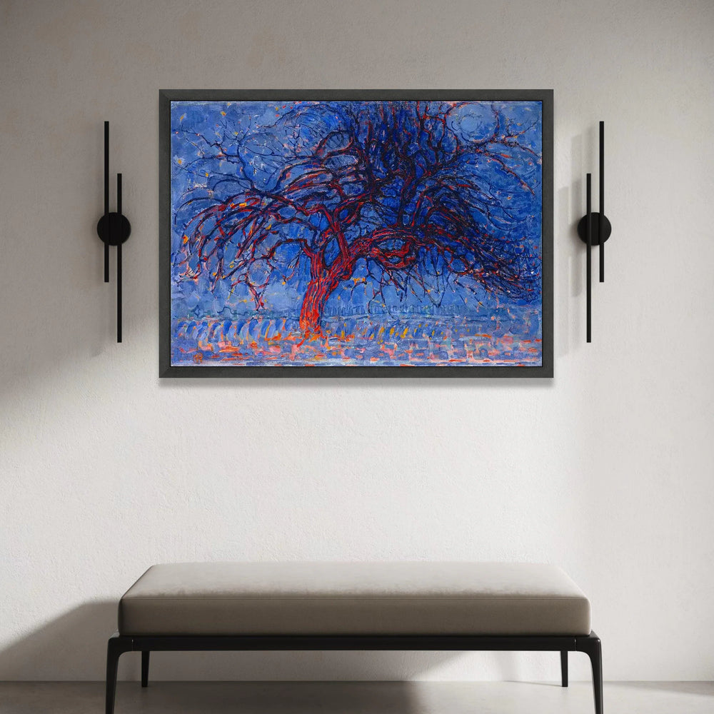 Abstract Winter Tree Canvas Wall Art, Blue and Red Modern Nature Painting, Contemporary Landscape Canvas, Home Decor Wall Canvas Print Art