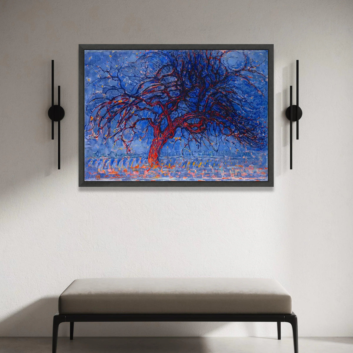 Abstract Winter Tree Canvas Wall Art, Blue and Red Modern Nature Painting, Contemporary Landscape Canvas, Home Decor Wall Canvas Print Art