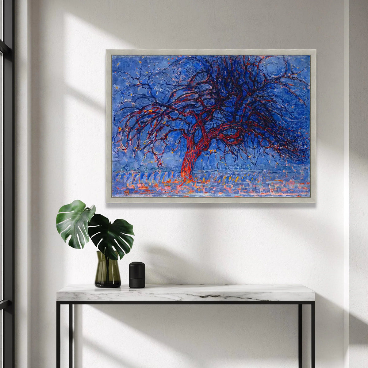 Abstract Winter Tree Canvas Wall Art, Blue and Red Modern Nature Painting, Contemporary Landscape Canvas, Home Decor Wall Canvas Print Art