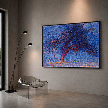 Abstract Winter Tree Canvas Wall Art, Blue and Red Modern Nature Painting, Contemporary Landscape Canvas, Home Decor Wall Canvas Print Art