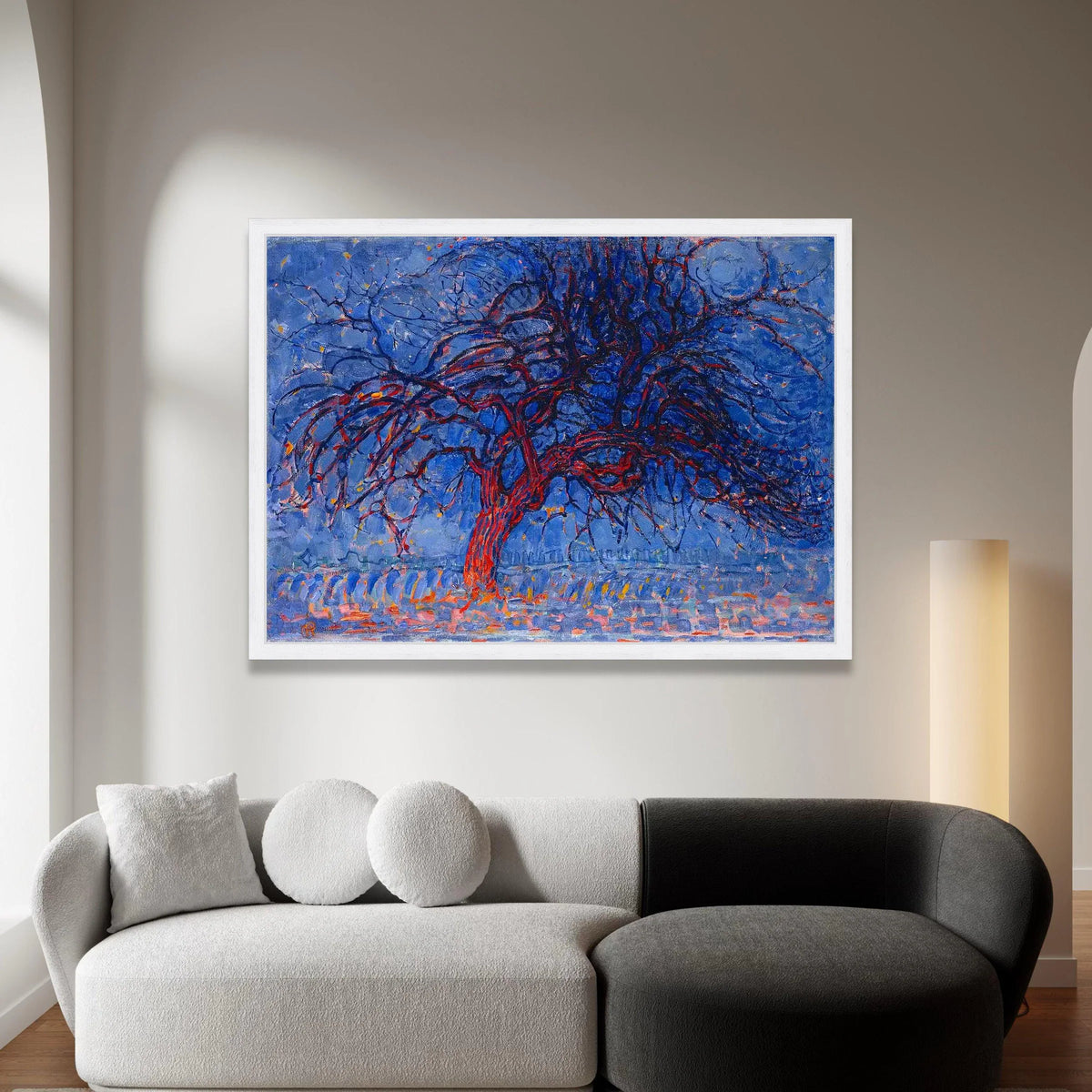 Abstract Winter Tree Canvas Wall Art, Blue and Red Modern Nature Painting, Contemporary Landscape Canvas, Home Decor Wall Canvas Print Art
