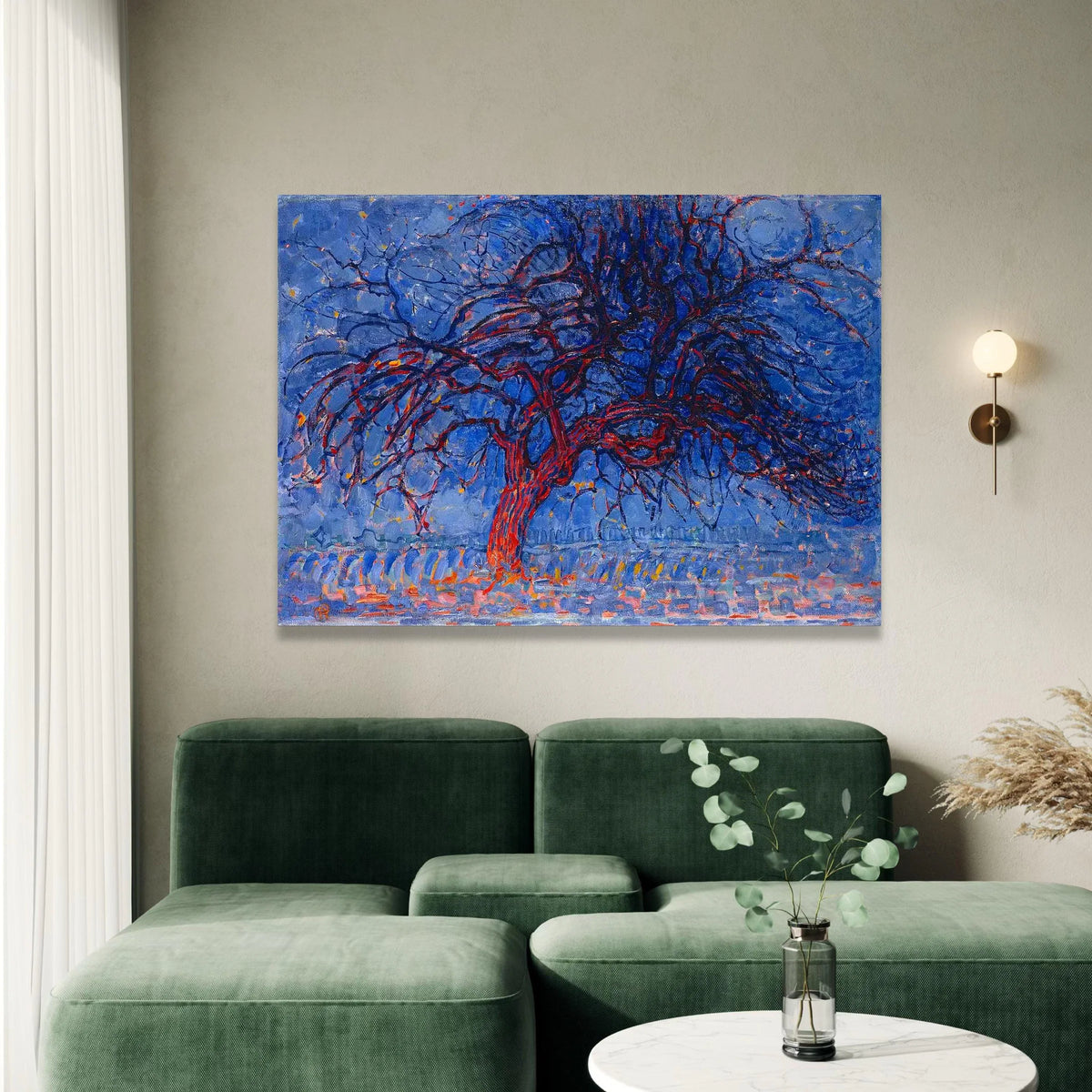 Abstract Winter Tree Canvas Wall Art, Blue and Red Modern Nature Painting, Contemporary Landscape Canvas, Home Decor Wall Canvas Print Art