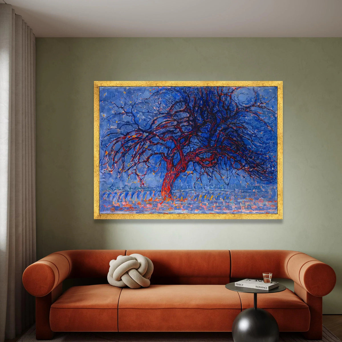 Abstract Winter Tree Canvas Wall Art, Blue and Red Modern Nature Painting, Contemporary Landscape Canvas, Home Decor Wall Canvas Print Art