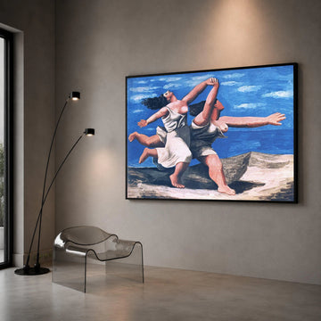 Joyful Dance of Two Women Canvas, Abstract Female Figures Wall Art, Blue Sky Landscape Painting, Expressive Movement Canvas Print Art