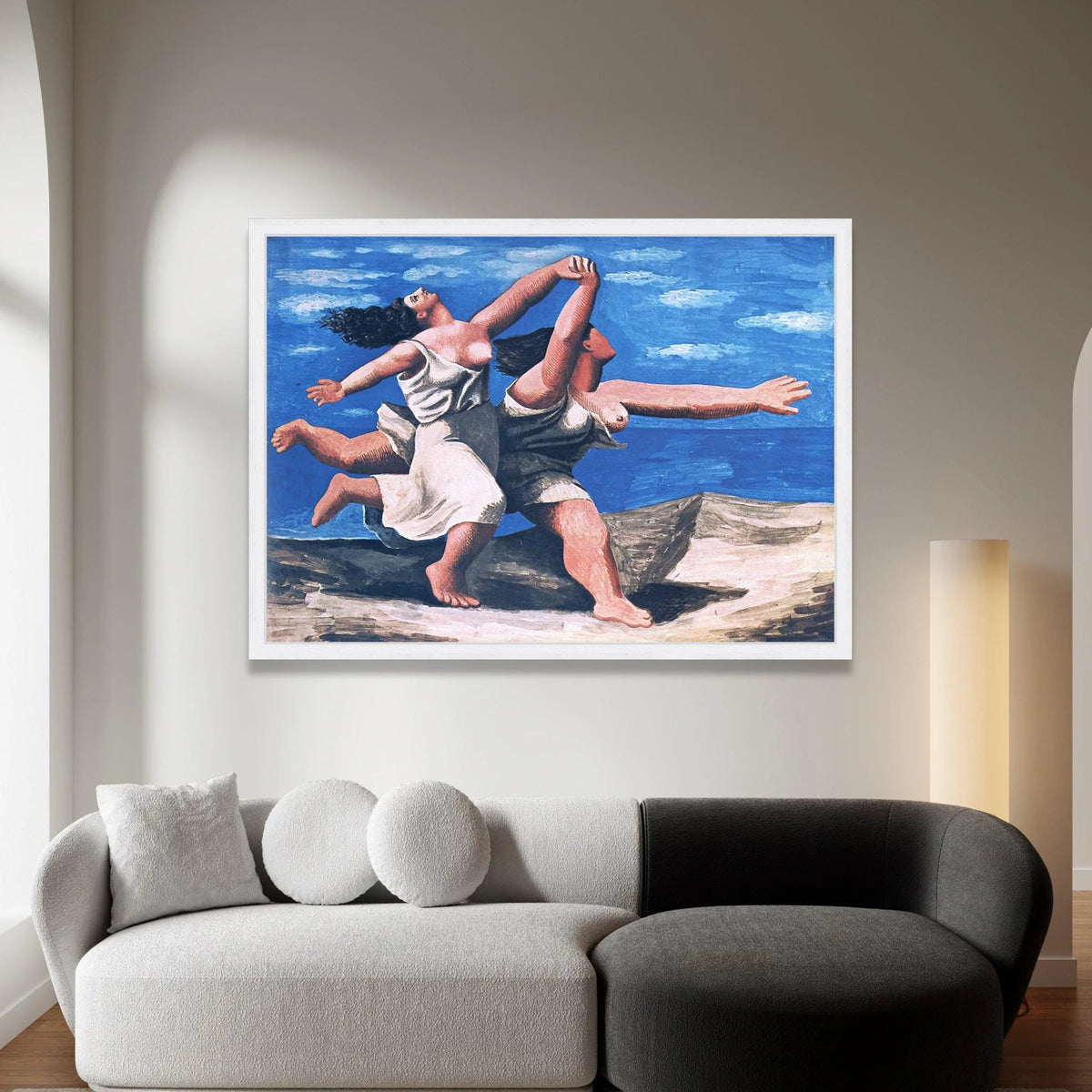 Joyful Dance of Two Women Canvas, Abstract Female Figures Wall Art, Blue Sky Landscape Painting, Expressive Movement Canvas Print Art