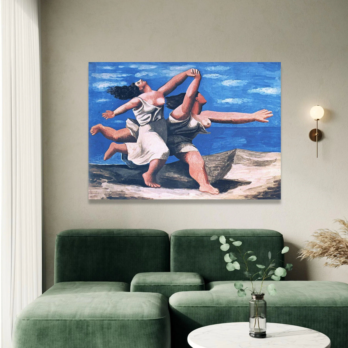 Joyful Dance of Two Women Canvas, Abstract Female Figures Wall Art, Blue Sky Landscape Painting, Expressive Movement Canvas Print Art