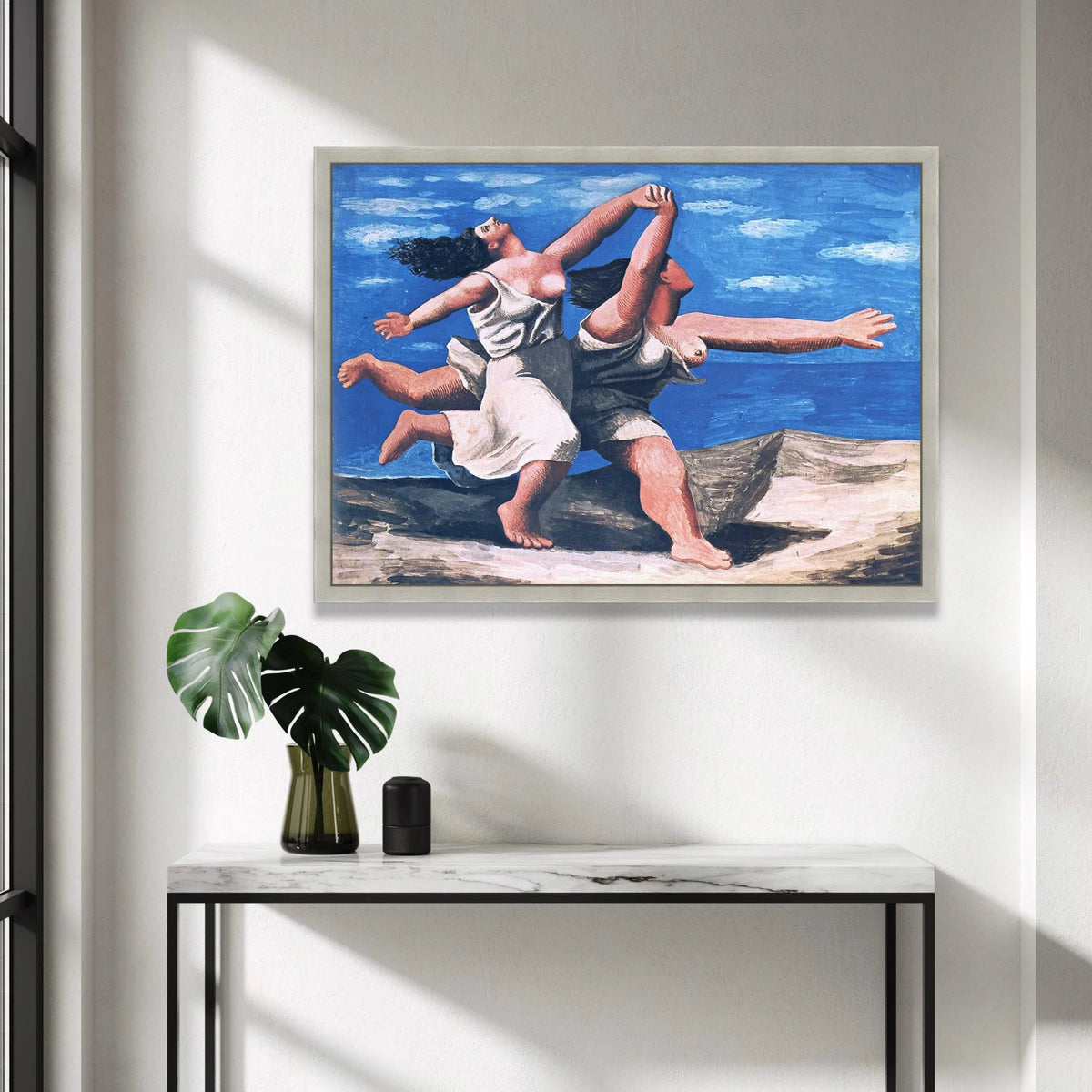 Joyful Dance of Two Women Canvas, Abstract Female Figures Wall Art, Blue Sky Landscape Painting, Expressive Movement Canvas Print Art