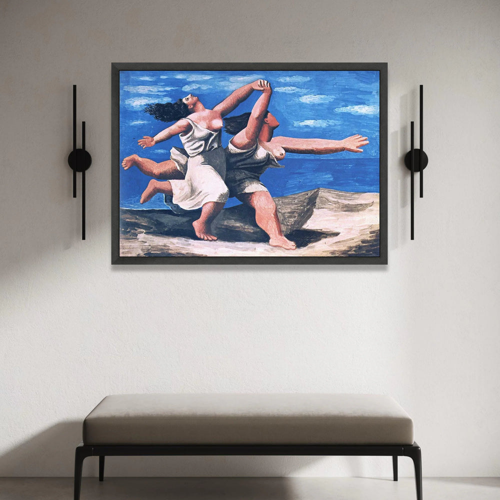 Joyful Dance of Two Women Canvas, Abstract Female Figures Wall Art, Blue Sky Landscape Painting, Expressive Movement Canvas Print Art