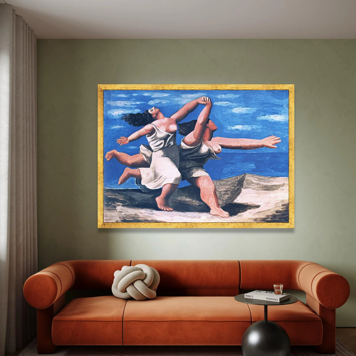 Joyful Dance of Two Women Canvas, Abstract Female Figures Wall Art, Blue Sky Landscape Painting, Expressive Movement Canvas Print Art