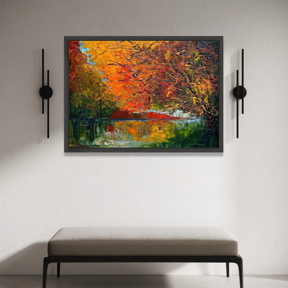Autumn Reflection Canvas Wall Art, Fall Trees Over Water, Colorful Landscape Painting, Seasonal Nature Scene, Home Decor Canvas Print Art