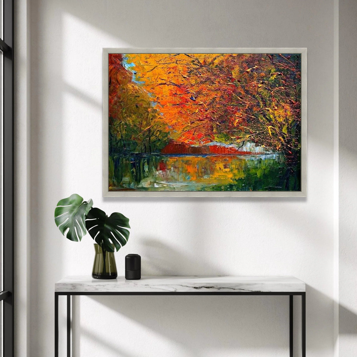 Autumn Reflection Canvas Wall Art, Fall Trees Over Water, Colorful Landscape Painting, Seasonal Nature Scene, Home Decor Canvas Print Art