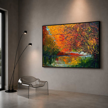 Autumn Reflection Canvas Wall Art, Fall Trees Over Water, Colorful Landscape Painting, Seasonal Nature Scene, Home Decor Canvas Print Art
