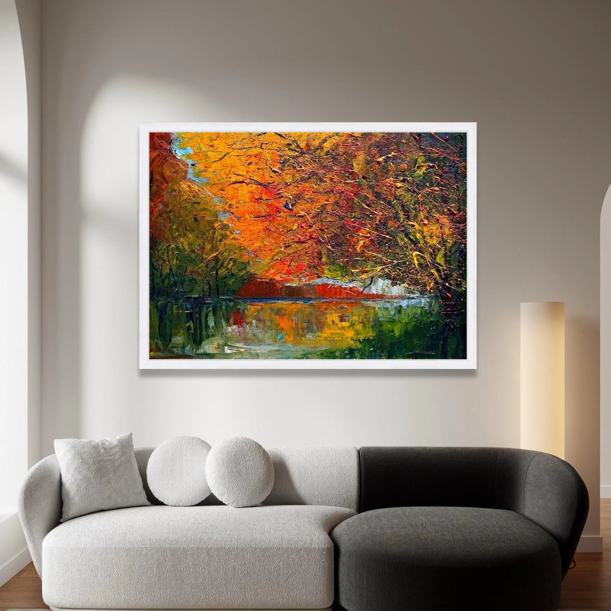 Autumn Reflection Canvas Wall Art, Fall Trees Over Water, Colorful Landscape Painting, Seasonal Nature Scene, Home Decor Canvas Print Art