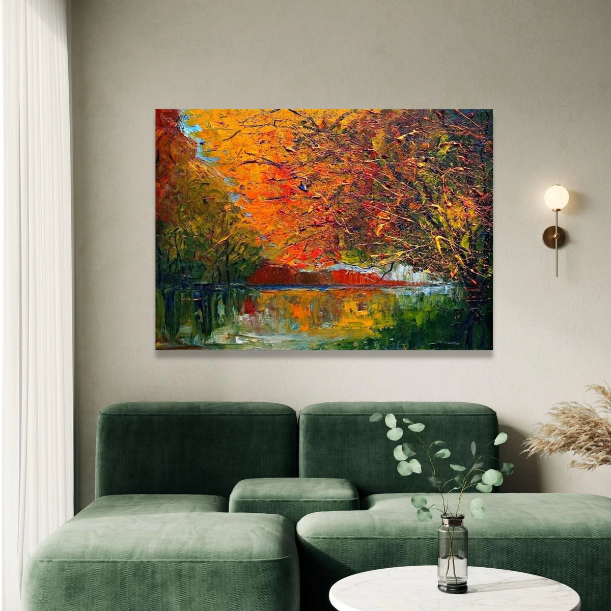 Autumn Reflection Canvas Wall Art, Fall Trees Over Water, Colorful Landscape Painting, Seasonal Nature Scene, Home Decor Canvas Print Art