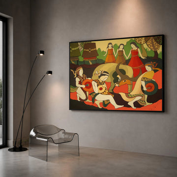 Traditional Folk Dance Canvas Wall Art, Ethnic Celebration Scene, Cultural Music and Dance Painting, Vibrant Home Canvas Print Art