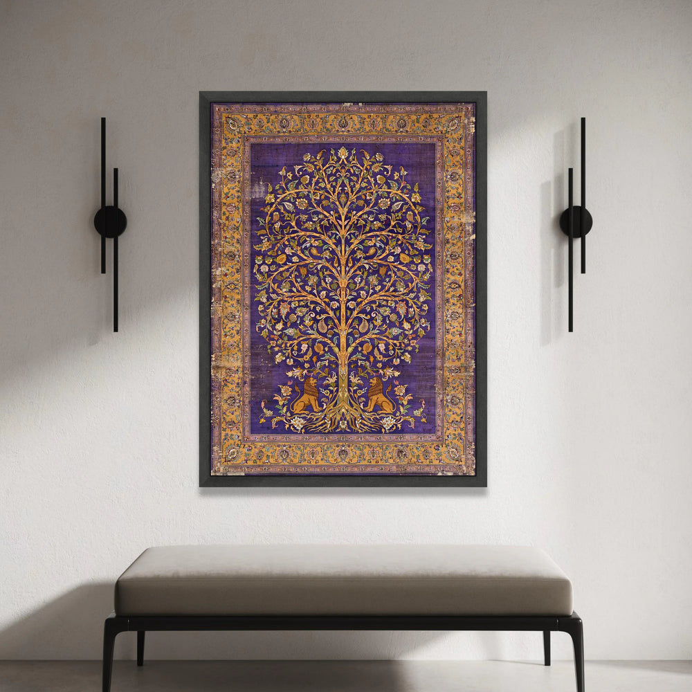 Royal Persian Tree of Life Canvas, Purple Floral Wall Art, Vintage Botanical Design, Lion Motif Canvas, Home Decoration Art Canvas Print Art