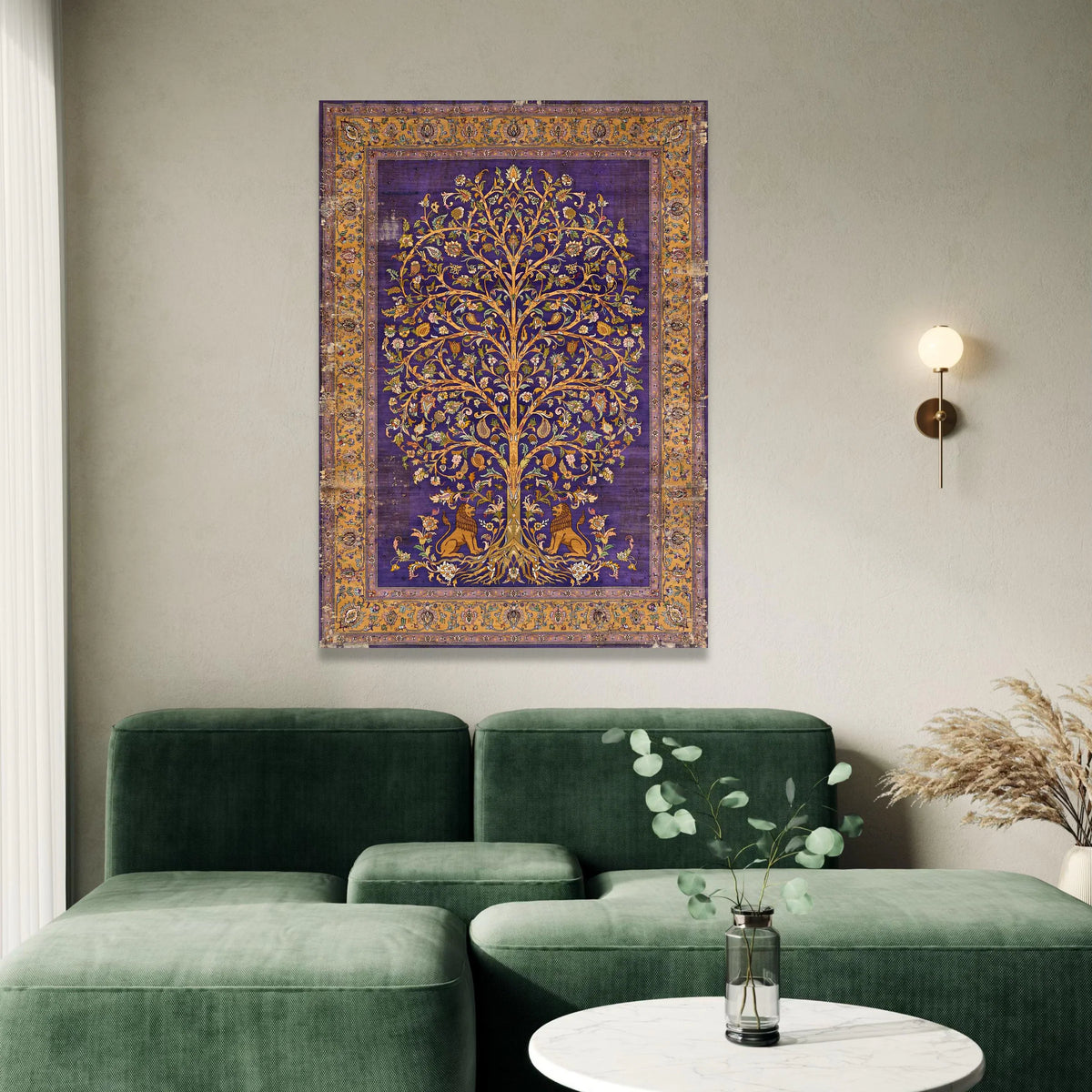 Royal Persian Tree of Life Canvas, Purple Floral Wall Art, Vintage Botanical Design, Lion Motif Canvas, Home Decoration Art Canvas Print Art