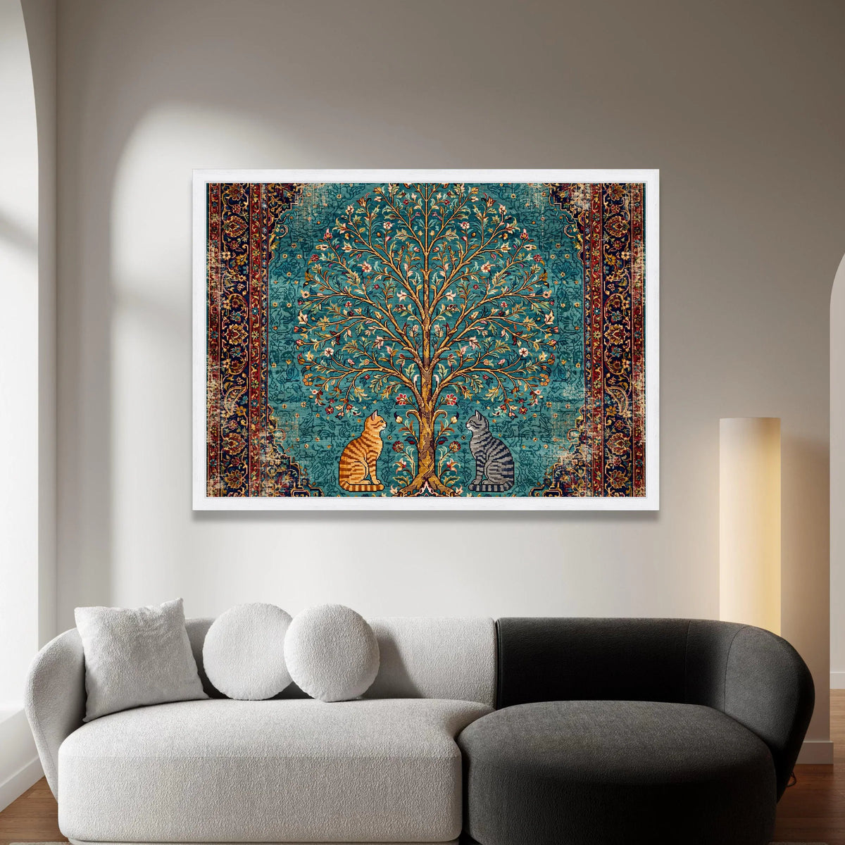 Vintage Tree of Life Canvas, Cat Illustration Wall Art, Persian Rug Style Canvas, Floral and Animal Home Decor, Ornate Canvas Print Art