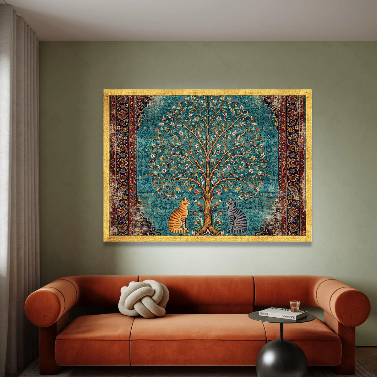 Vintage Tree of Life Canvas, Cat Illustration Wall Art, Persian Rug Style Canvas, Floral and Animal Home Decor, Ornate Canvas Print Art
