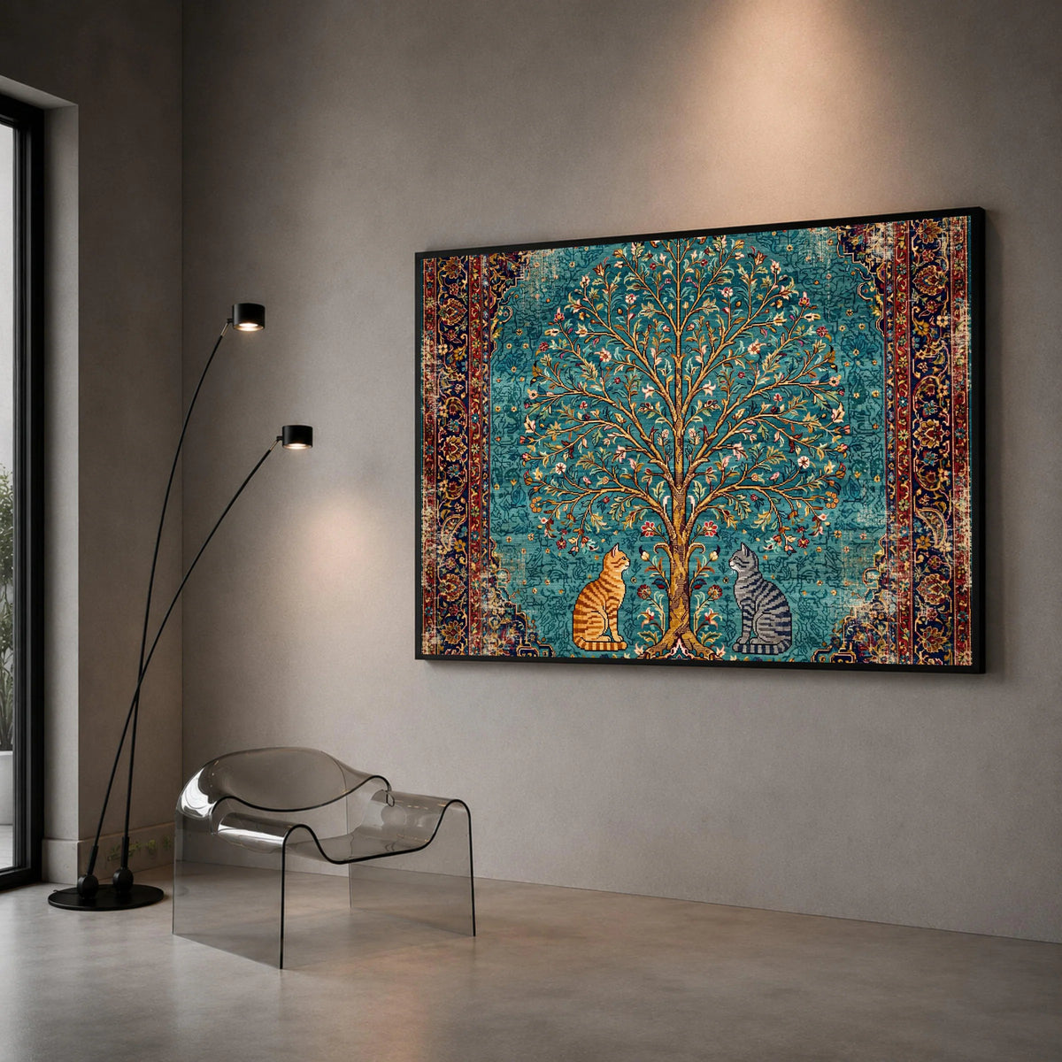 Vintage Tree of Life Canvas, Cat Illustration Wall Art, Persian Rug Style Canvas, Floral and Animal Home Decor, Ornate Canvas Print Art
