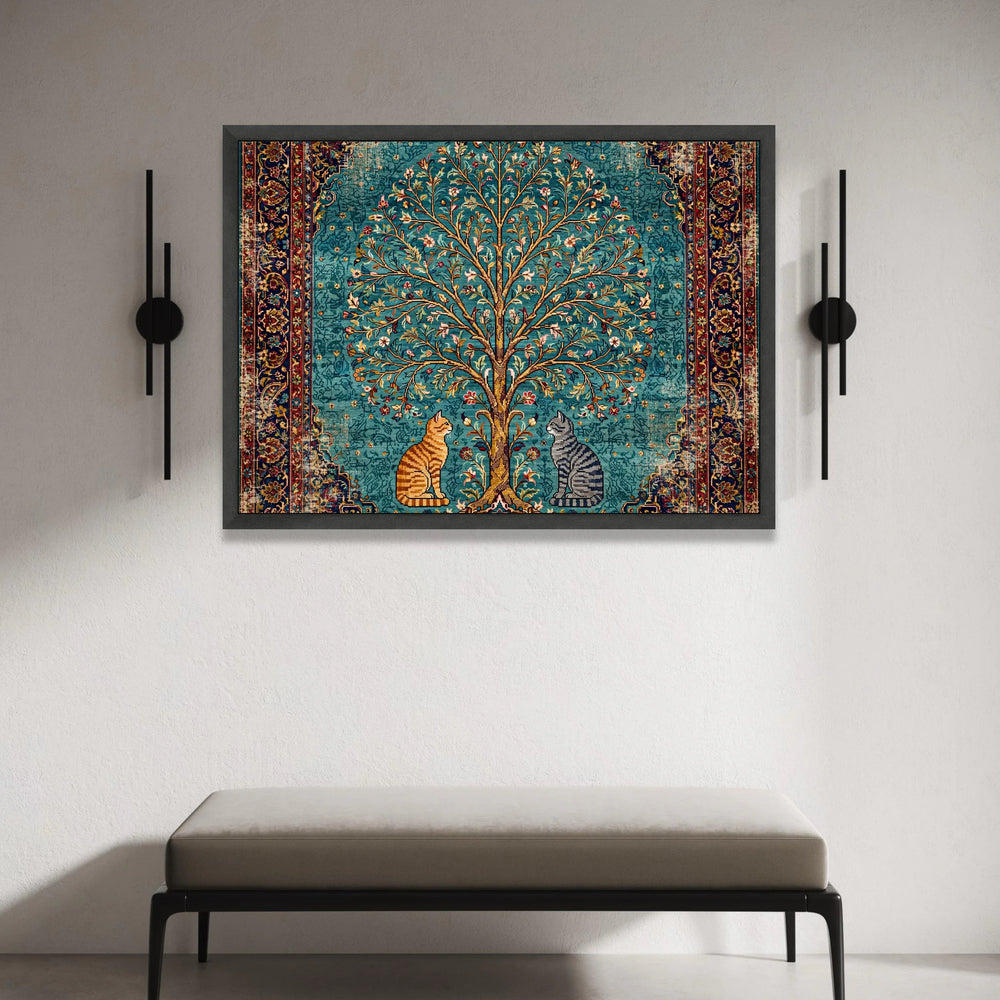 Vintage Tree of Life Canvas, Cat Illustration Wall Art, Persian Rug Style Canvas, Floral and Animal Home Decor, Ornate Canvas Print Art