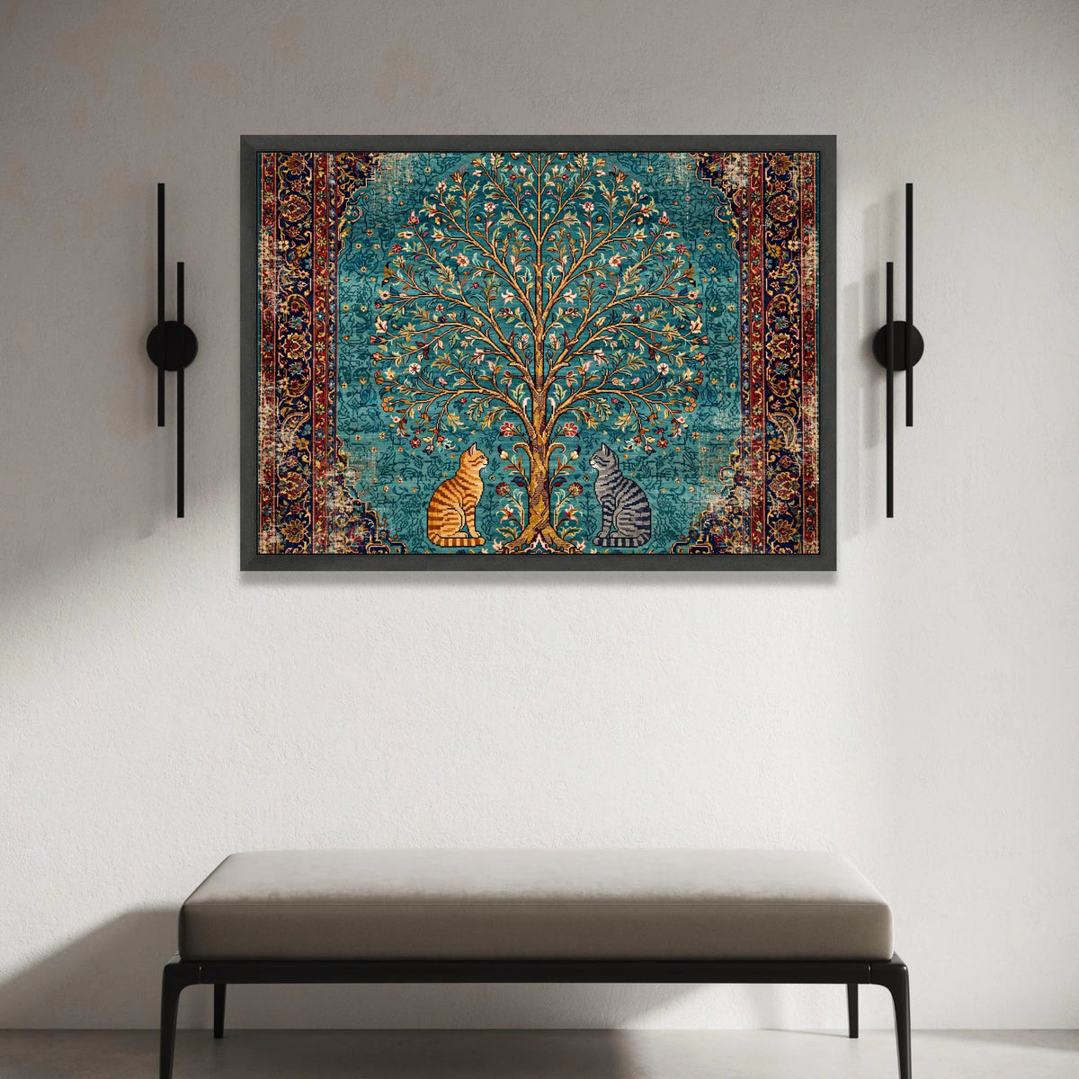 Vintage Tree of Life Canvas, Cat Illustration Wall Art, Persian Rug Style Canvas, Floral and Animal Home Decor, Ornate Canvas Print Art