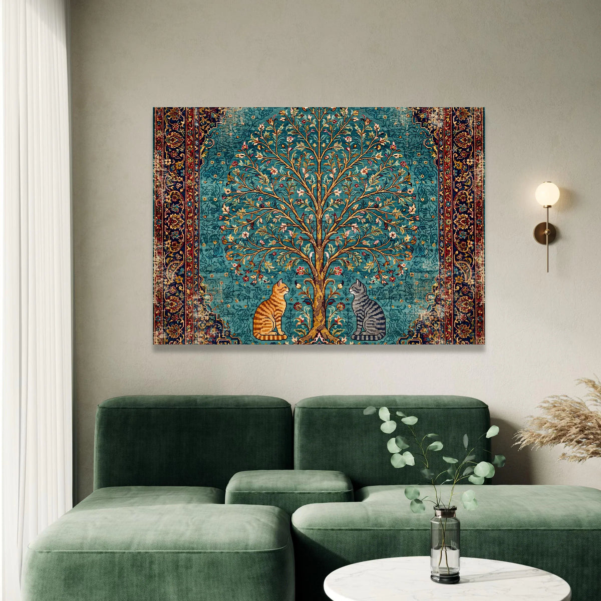 Vintage Tree of Life Canvas, Cat Illustration Wall Art, Persian Rug Style Canvas, Floral and Animal Home Decor, Ornate Canvas Print Art